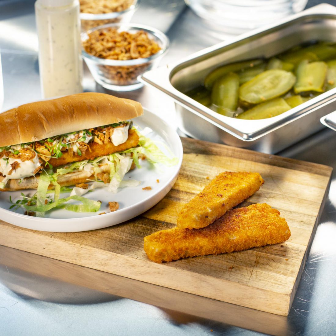 PlantBased Crispy Fish Hot Dog with Remoulade Sauce & Iceberg Lettuce